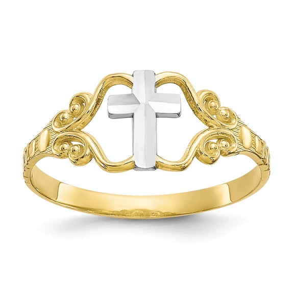 10K Two-Tone Gold Ring Band Themed & Rhodium Polished Cross