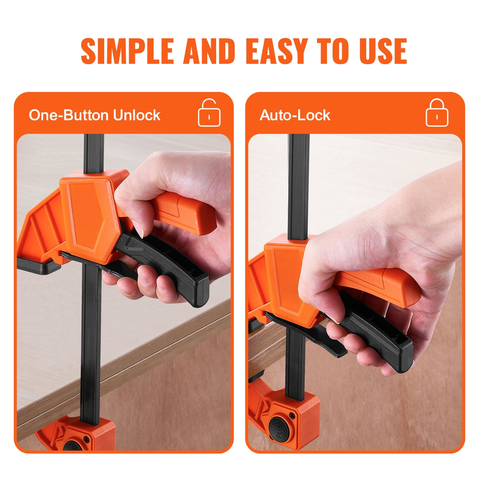 KFFKFF Bar Clamps for Woodworking, 4-Pack 6" and 2-Pack 12" One-Handed Clamp/Spreader, Quick-Change F Clamp with 150 lbs Load Limit, Plastic and Carbon Steel, Wood Clamps for Woodworking Metal