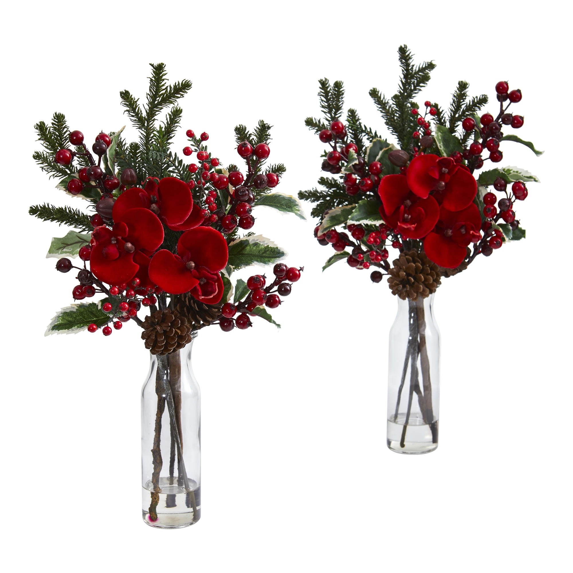Nearly Natural Holly Berry and Orchid Artificial Arrangement in Vase