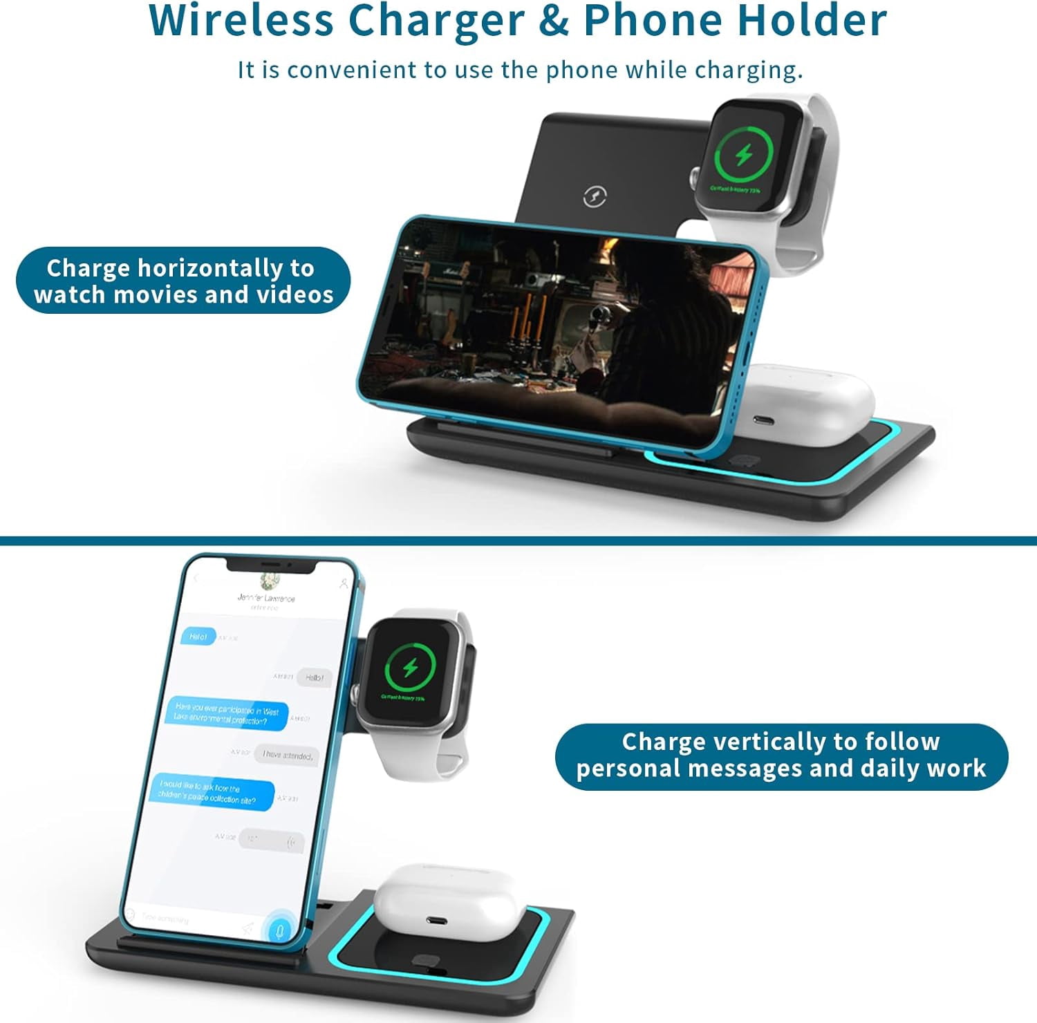 3-in-1 Wireless Charger for iPhone 11/12/13/14/XS/X/8 Apple Watch Series 7/6/SE/5/4/3/2 AirPods Pro/2 Black