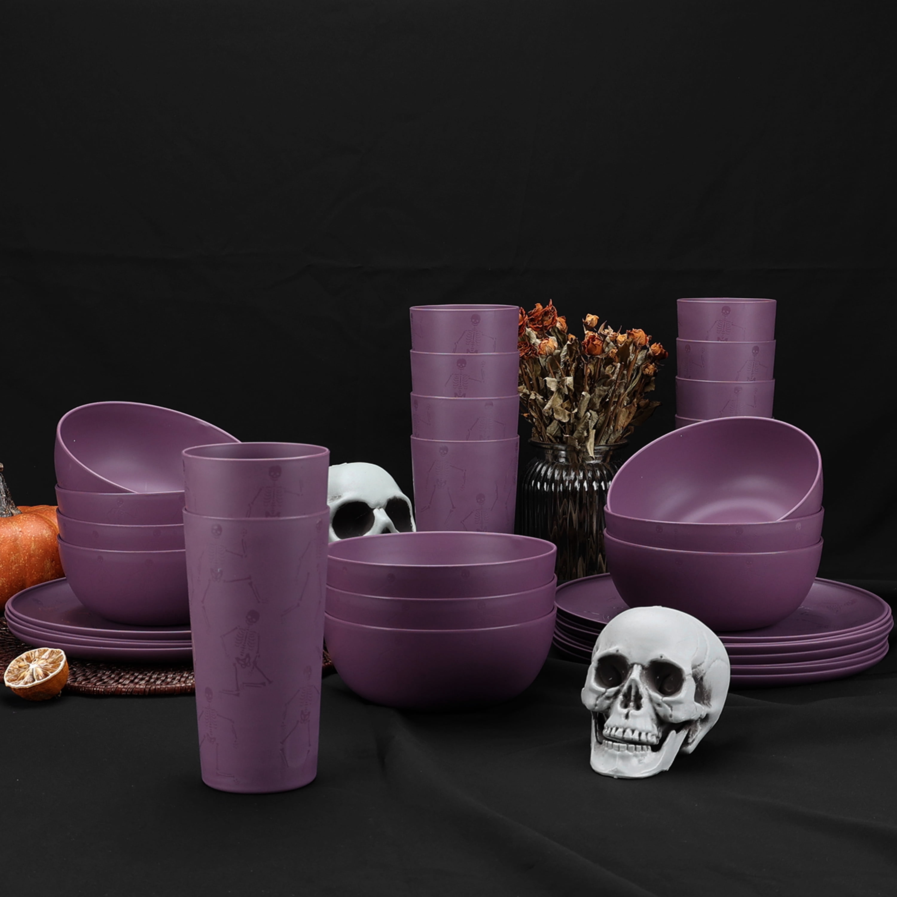 Mainstays 30-Piece Plastic Etched Dancing Skeletons Dinnerware Set, Purple