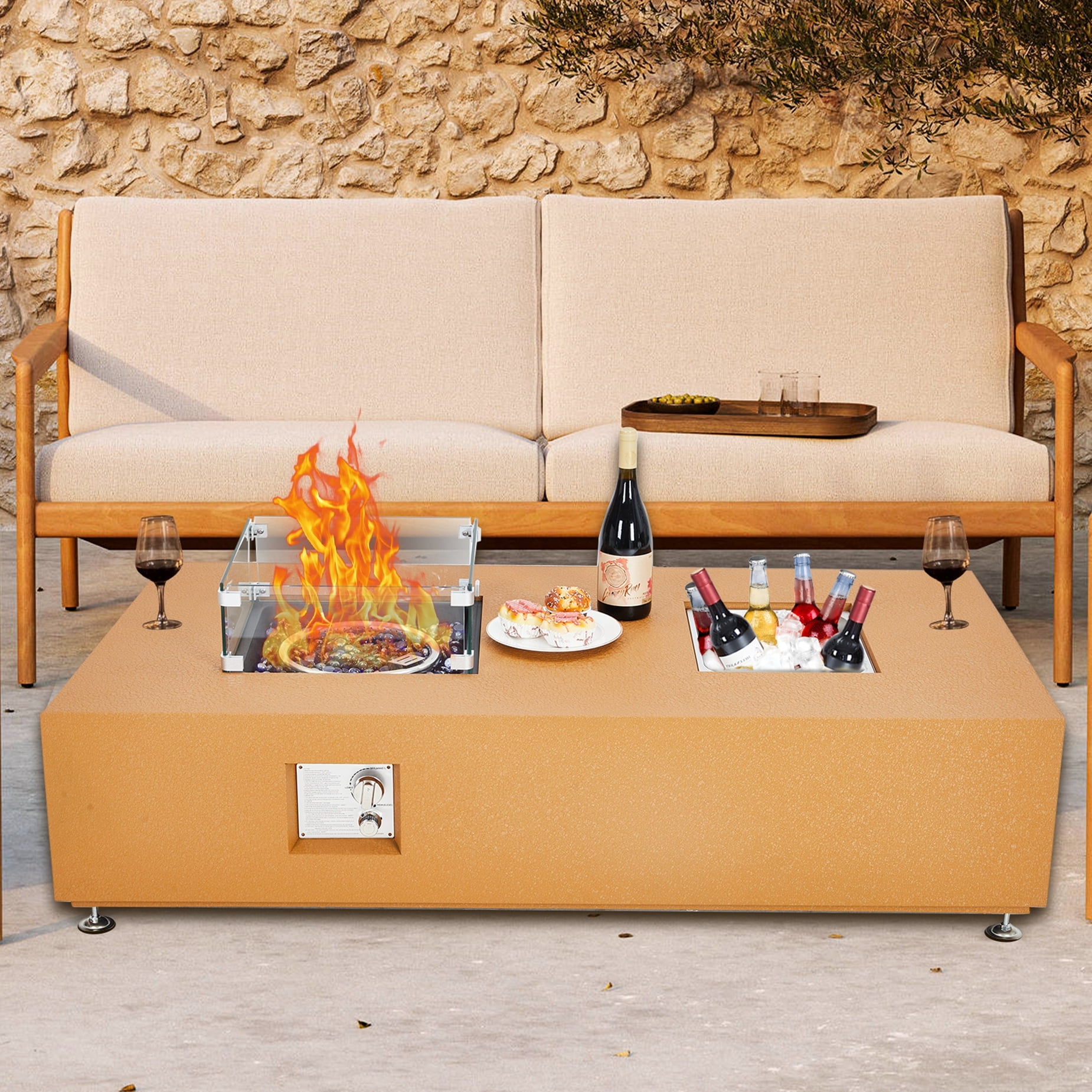 Adoolla 56" Patio Propane Fire Pit Dining Table with Ice Bucket, Wind Guard & Rain Cover