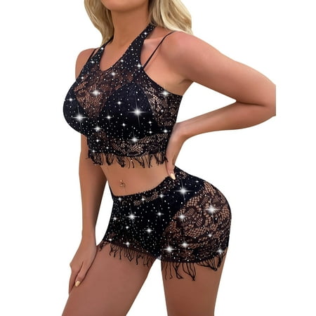 

Nananla Women Lingerie Sequin Mesh Sleepwear Breathable Sexy Sheer 2Pcs Outfits Halter Nightshirt Nightdress