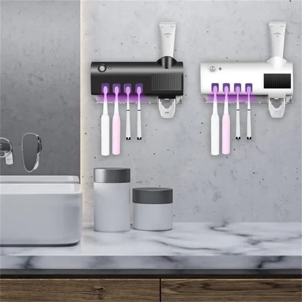 Esterilizador de Cepillos de Dientes Uvc con Soporte, Estuche Esterilizador de Pared para 4 Cepillos con Carga Usb y Solar, Exprimidor de Pasta de Dientes, Diseño Moderno para Organizar El Baño.