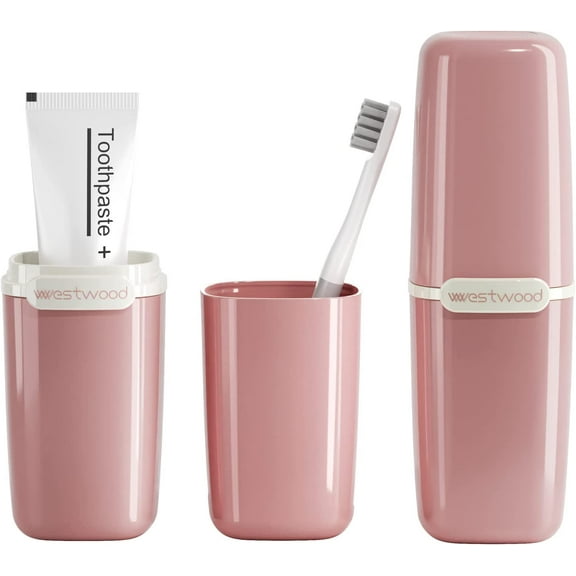Pink Plastic Travel Toothbrush Holder Case with Cover, Portable Travel Toothbrush Cup, Storage Container for School Camping Business Trip Bathroom