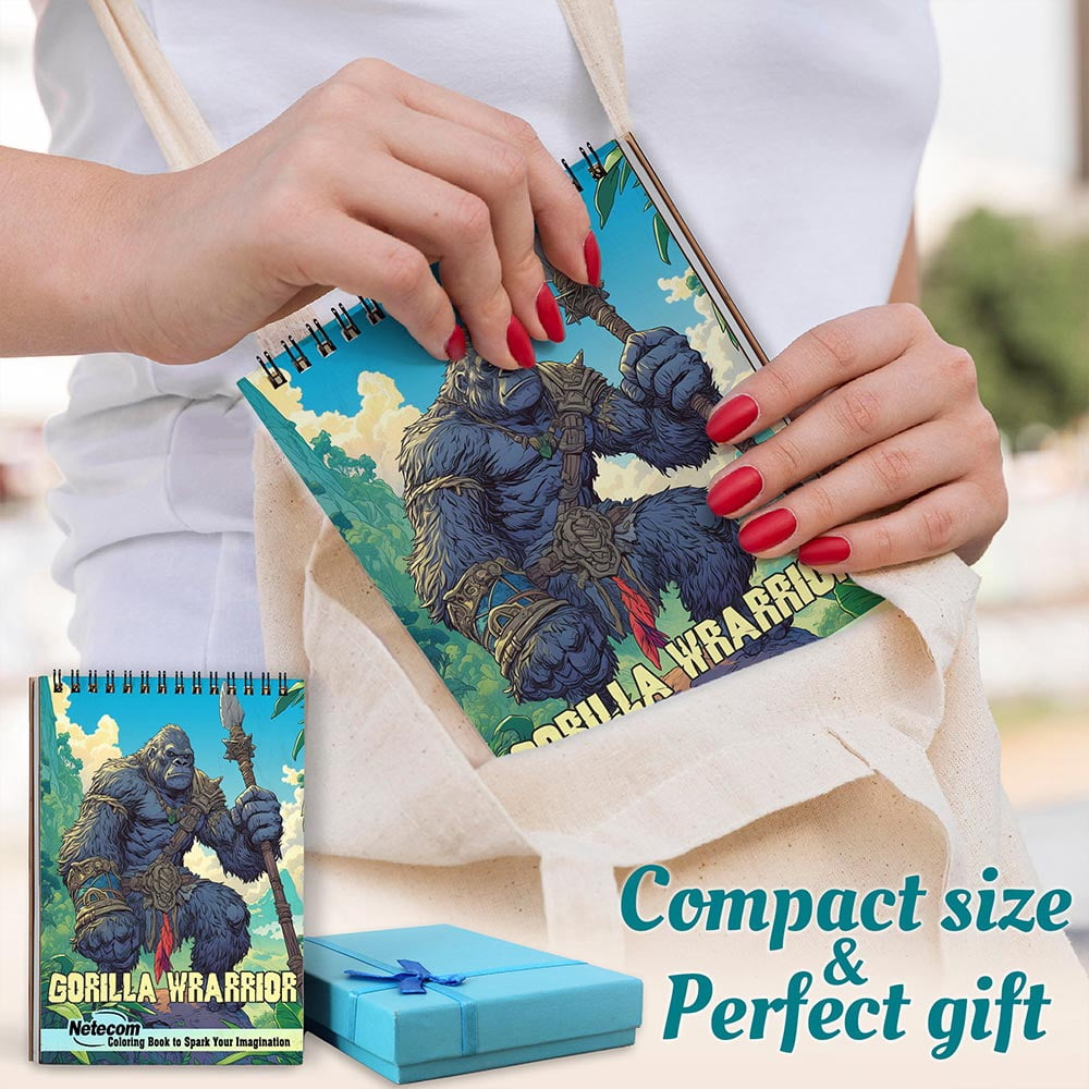 Netecom Gorilla Warrior Coloring Book for Adults, A5 Wooden Cover, 30 Bold and Dynamic Coloring Pages of Mighty Gorilla Warriors for Stress Relief and Relaxation, Spiral Bound Edition