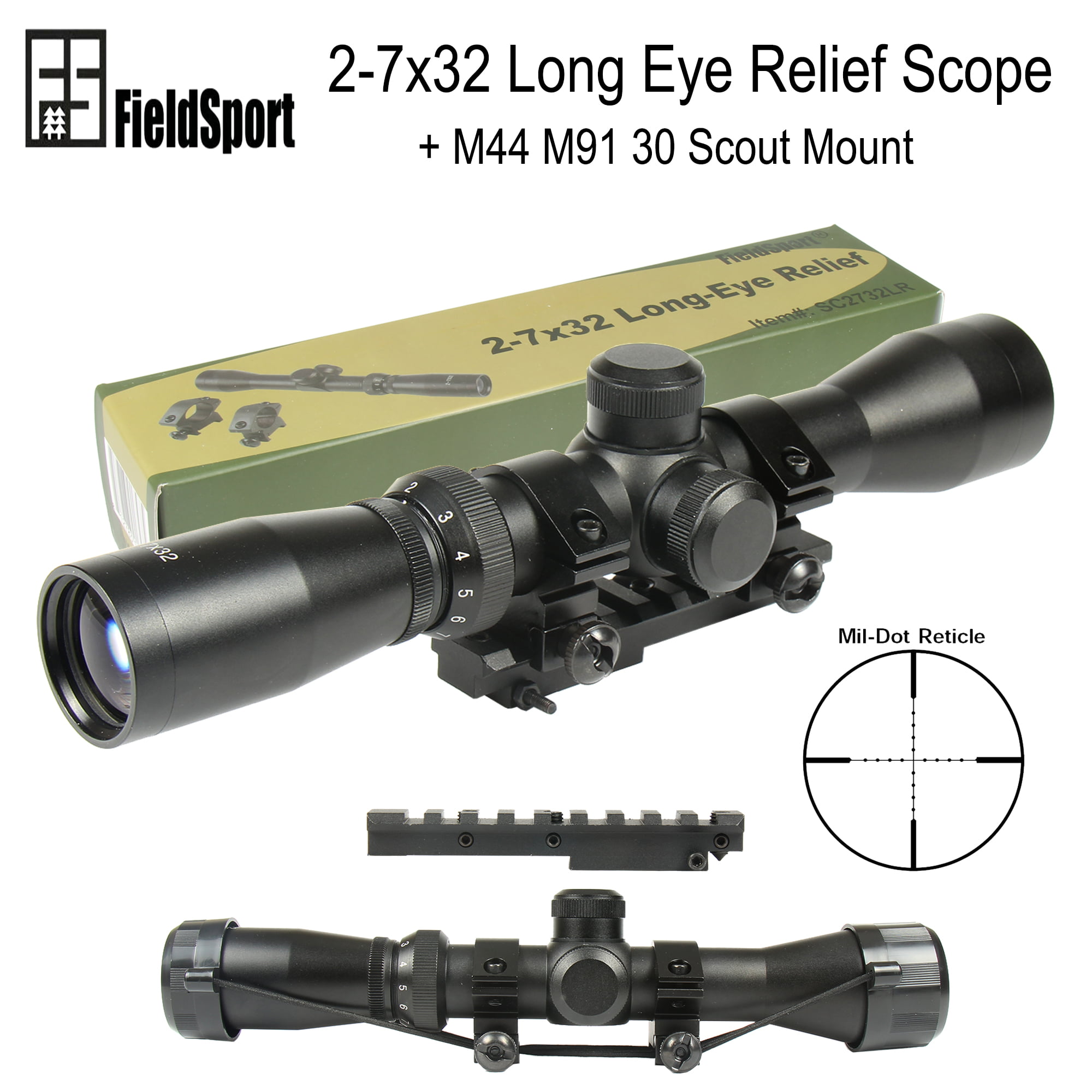 Mosin Nagant 2-7x32 Long Eye Relief Scope with M91 M44 Short Scope Mount Combo 