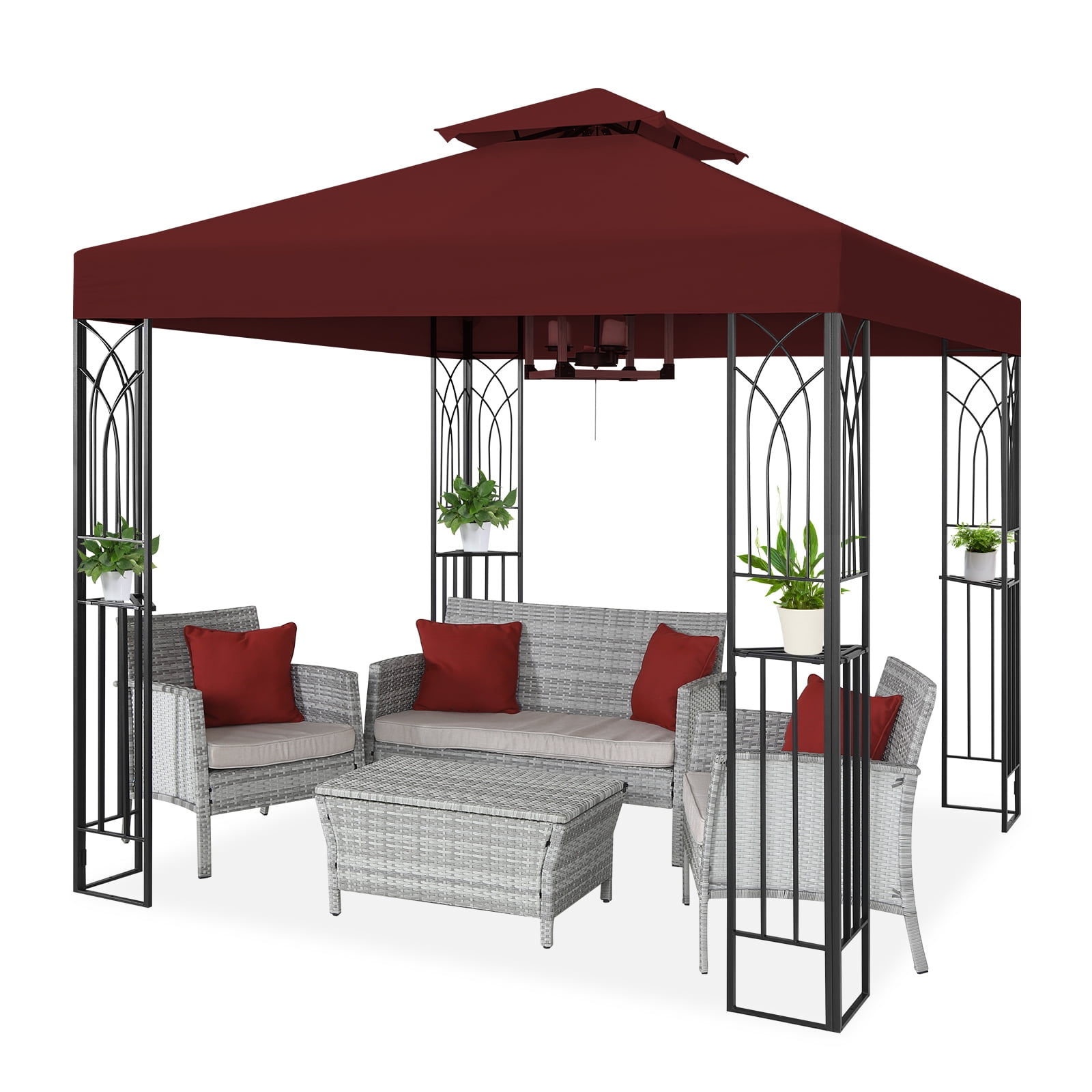 COOS BAY 8x8 Outdoor Patio Gazebo with Corner Shelves, Two-Tier Soft Top Canopy for Backyard, Lawn, Deck and Garden, Red
