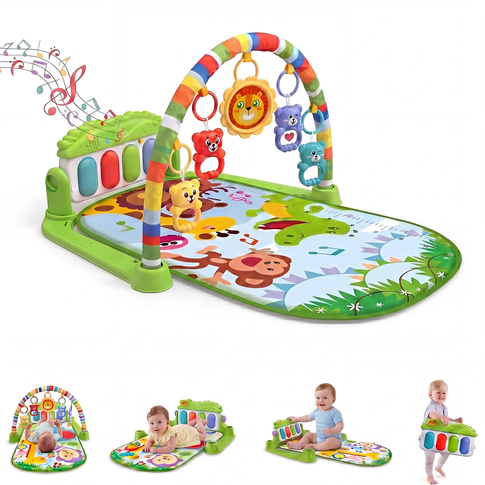 Baby Play Mat Gym - Fun Play Piano Tummy Time Mat with 5 Sensory Toys, Music & Lights - Kick & Play Activity Center for Newborns 0-12 Months, Gift for Boy & Girl