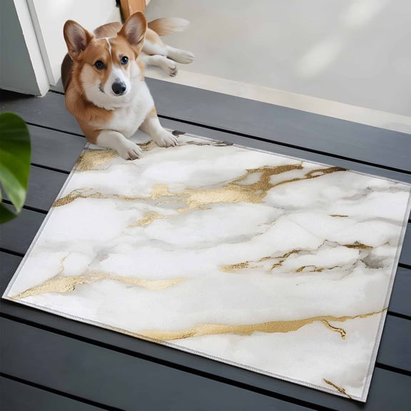 2x3 Washable Entryway Rug, Marble Texture Non-Slip Area Rug for Front Door Kitchen Bathroom, Abstract White Gold Crack Modern Style Indoor Floor Mat for Home Decor