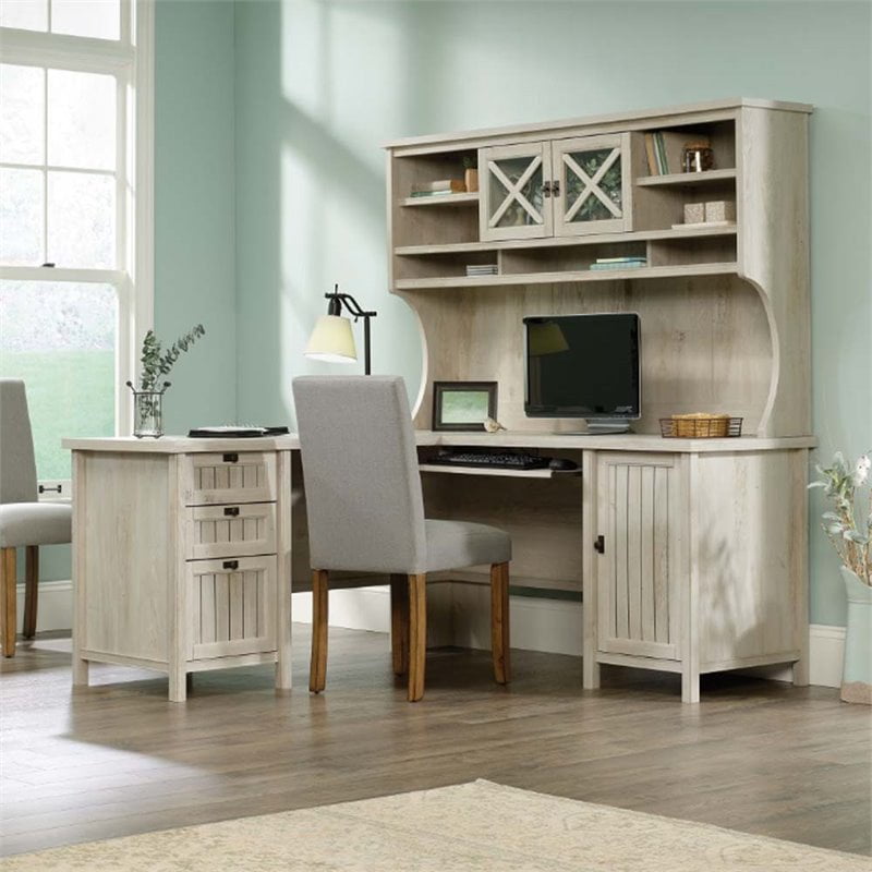 Sauder Costa L Shaped Computer Desk With Hutch In Chalked Chestnut Com Sauder Costa L Shaped Computer Desk, Sauder Antique White Desk With Hutch