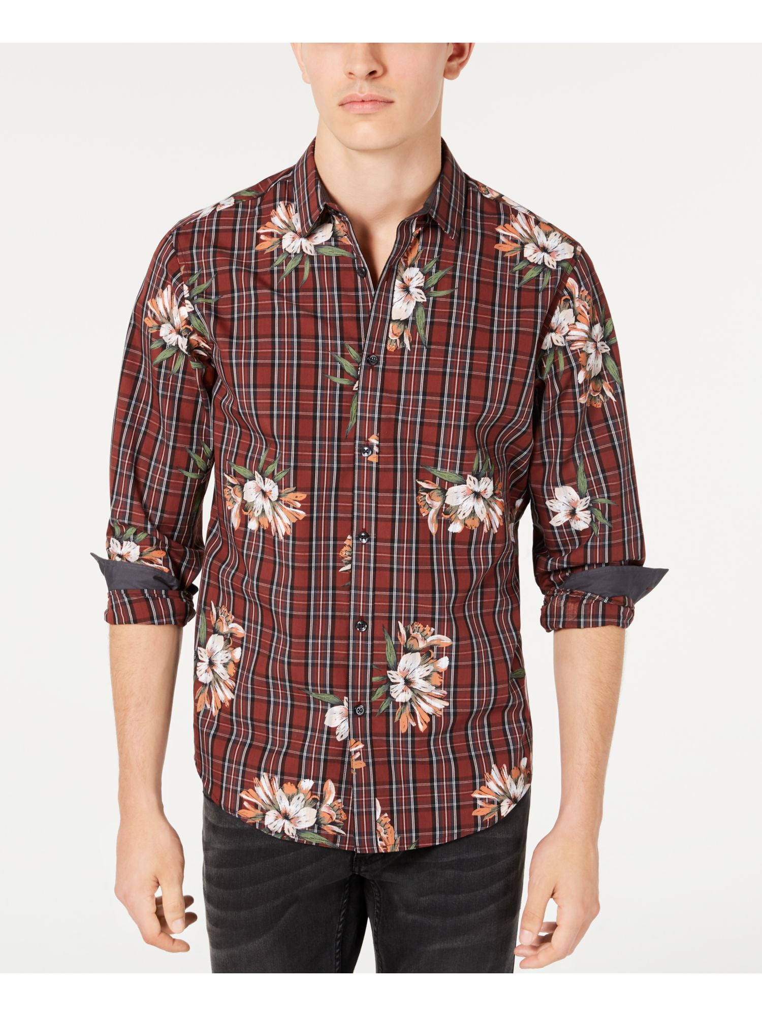 INC Mens Maroon Floral Collared Classic 