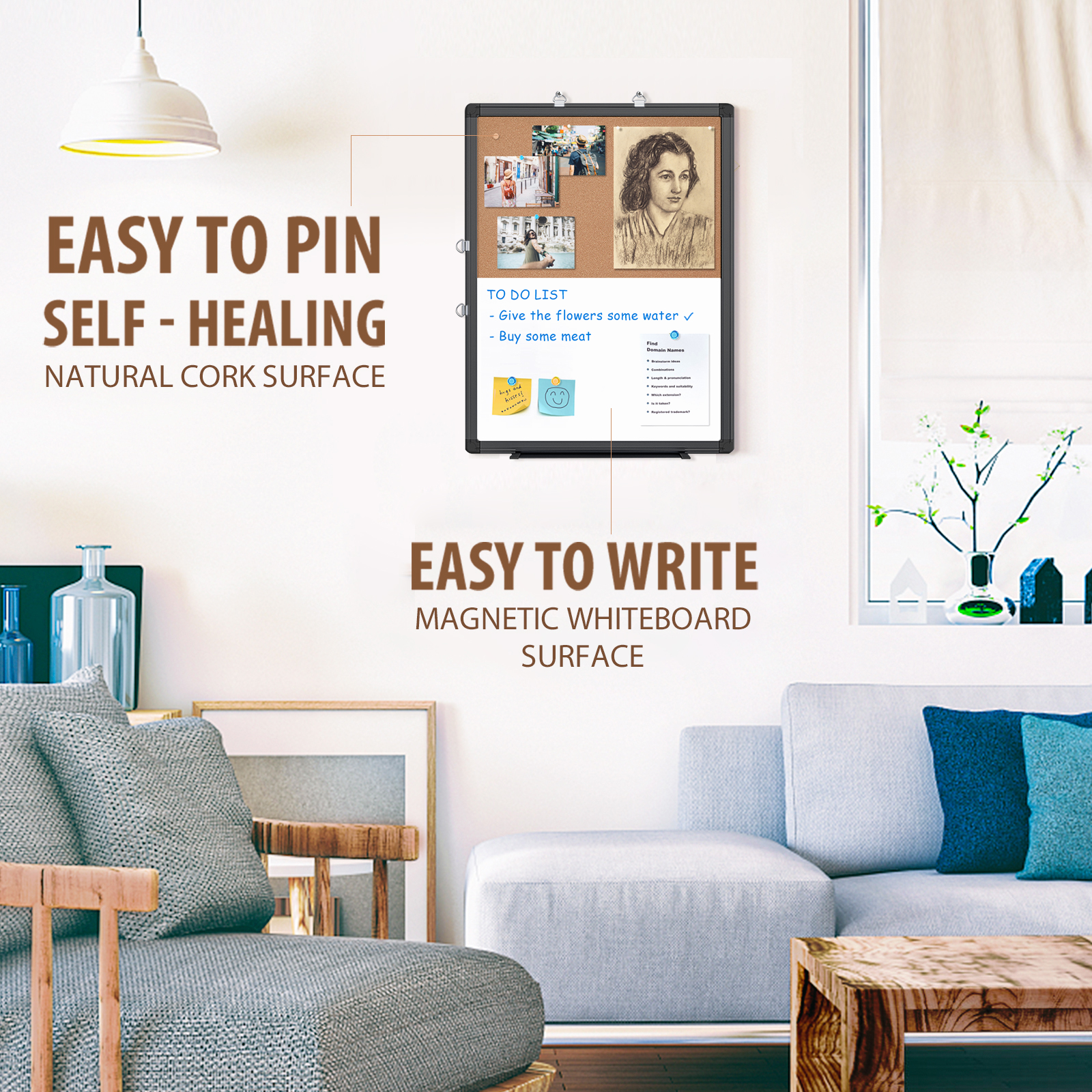 Combination White Board & Bulletin Cork Board Whiteboard Magnetic, Combo Dry Erase Board with Aluminum Frame Hanging Message Board Wall Mounted (24x18inch Black)