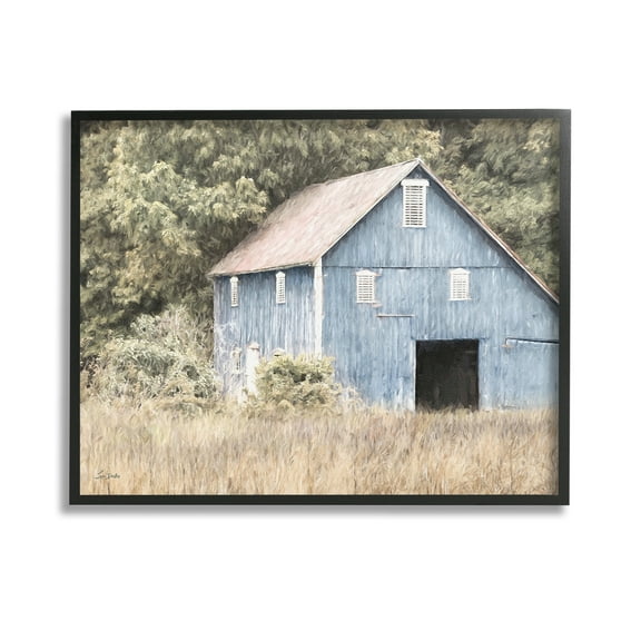 Stupell Industries Rustic Blue Barn Landscape Painting Black Framed Art Print Wall Art, 14 x 11
