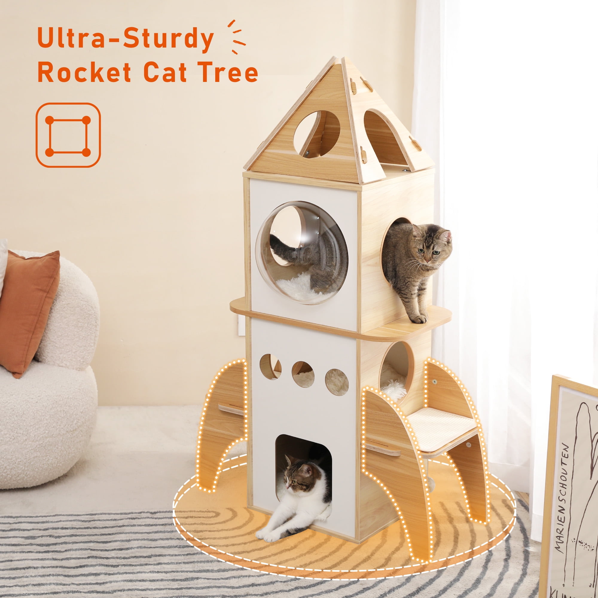 Kadyn 54" Multi-Level Cat Tower for Indoor, Cat Tree Rocket Shape Condo for Multiple Cats with 3 Condos, Dangling Balls, Attic Perch, Beige