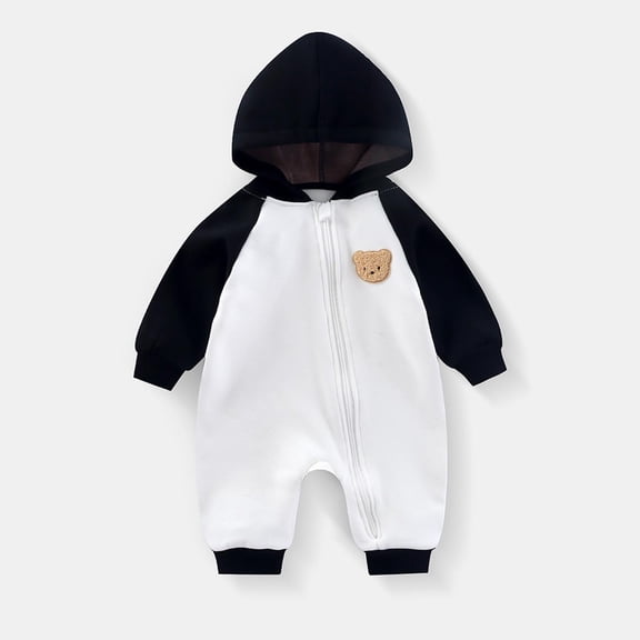 Baby Fleece Lined Romper Hooded Jumpsuit Soft Cozy One-Piece Loungewear Long Sleeve Color Block Outfit for Infant Boy Girl 0-18 Months