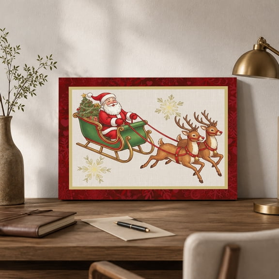 Christmas Santa Claus Canvas Wall Art, Winter Reindeers Sleigh Gold Snowflakes Wall Art Prints Artwork Framed Canvas Ready to Hang Art Pictures for Bathroom Nightstand, Narrow Hallway 14" x 11"