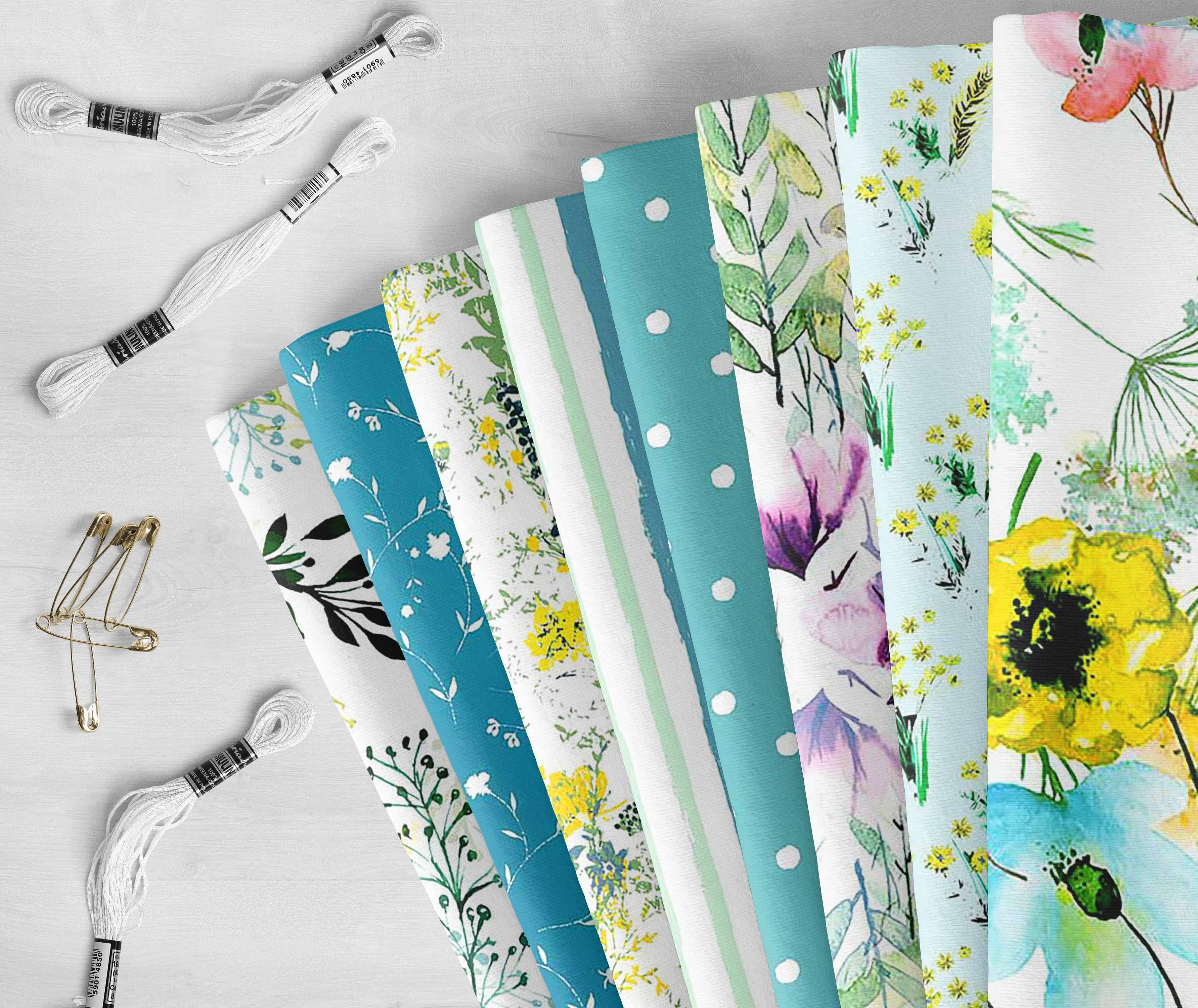 Soimoi 8 Pc Fat Quarter Bundle,Watercolor FloralPrint 18"x 22"DIY Patchwork-100% CottonPre-Cut Quilting Fabric Turquoise & Teal Blue