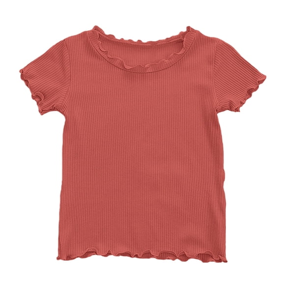 CPNG Girls Ribbed Knit Ruffled T Shirts Toddler Baby Girls Comfortable and Stylish Short Sleeved Ruffle T Shirts(Watermelon Red,3-4 Years)