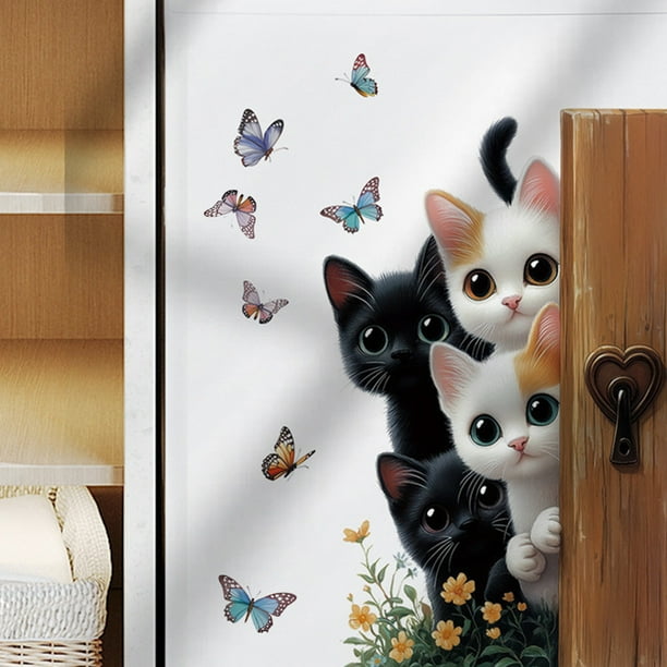 Adhesivos de pared con dibujos animados de gatitos y gatos con mariposas, 40 x 60 cm