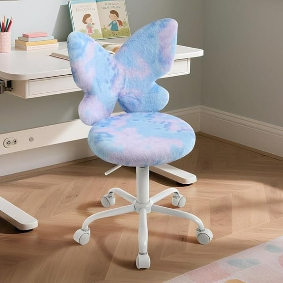 Adorable Butterfly Kids Desk Chair - Comfy Swivel Computer Chair for Girls Room, Fluffy Kids Office Chair for Reading & Vanity,Blue
