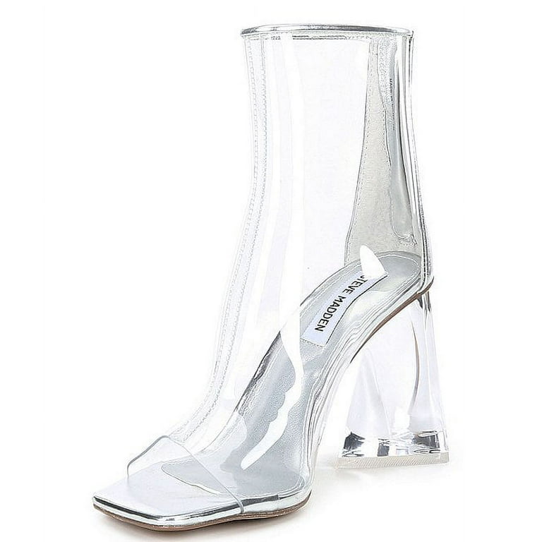Steve Madden Tyro Clear Transparent Squared Open Toe Block Heeled Ankle  Boots (Clear, 7)