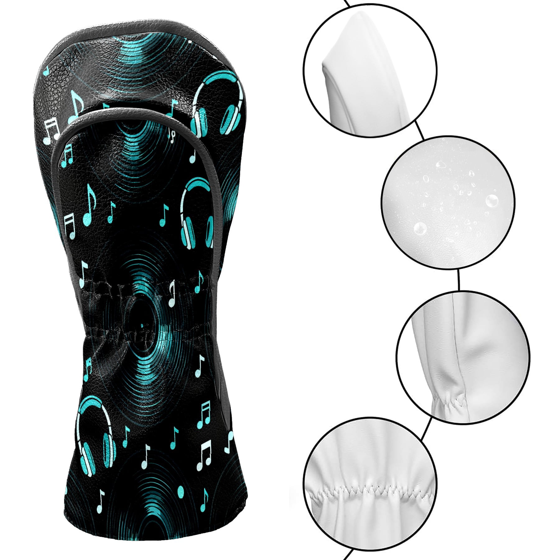 Golf Club Covers, Black MusicHeadphone Premium PU Leather Driver Hybrid Putter Head Covers with Velvet Lining, Waterproof Golf Gifts for Men Women
