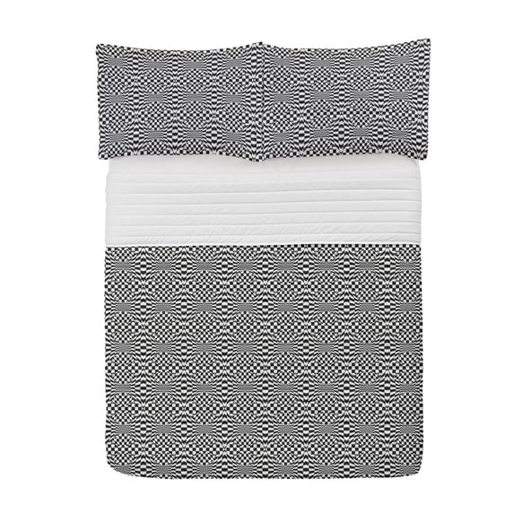 Geometric Microfiber Bedspread Set, Checkered Pattern Groovy Image Inspired with Hallucinatory Shapes, Soft Bedding Set with Pillow Shams & Comforter, 3 Sizes, White and Charcoal Grey, by Ambesonne