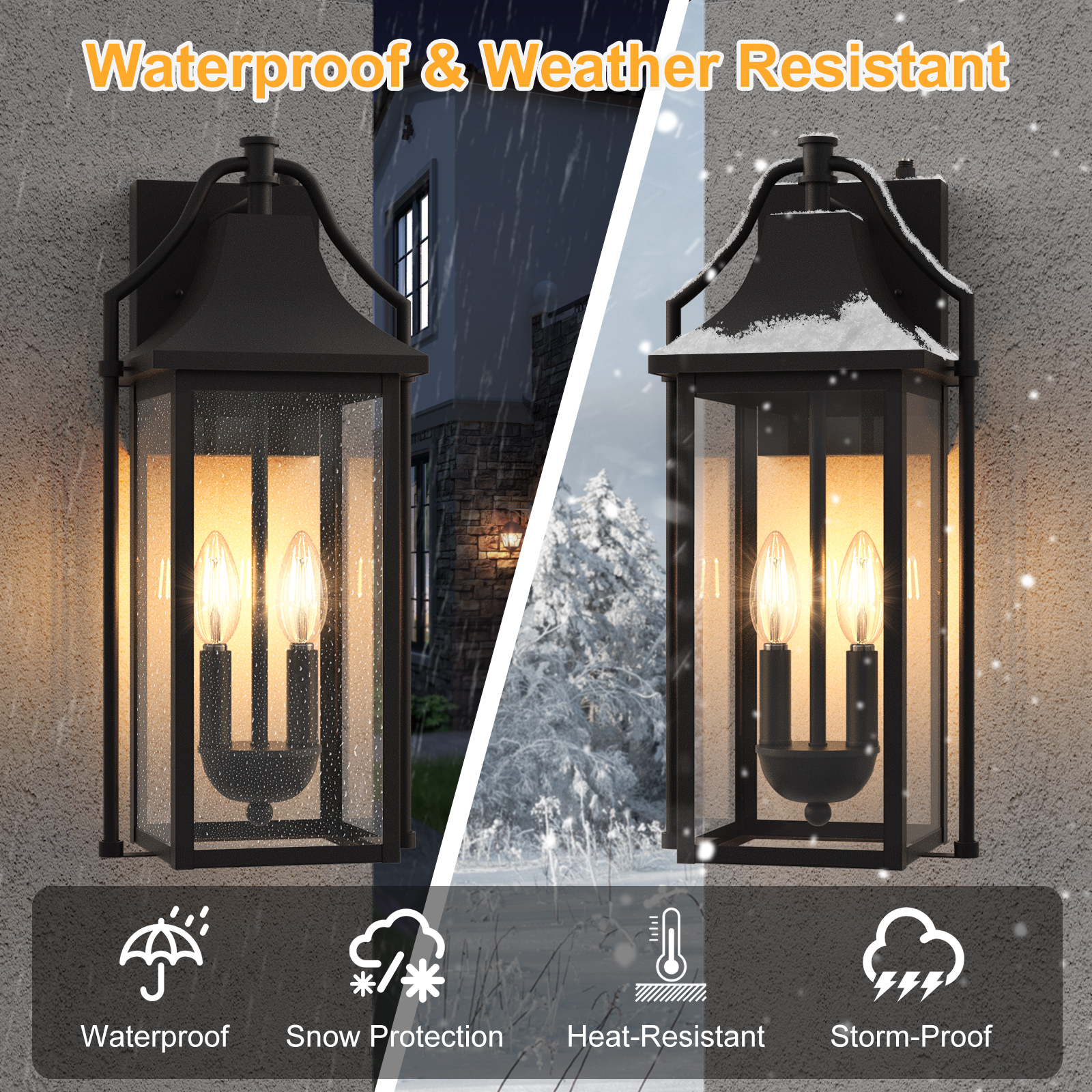 Lawyettle 18" Large Outdoor Wall Lantern with Dusk to Dawn Sensor, 2-Light Waterproof Black Wall Sconce with Glass for Porch, Garage, Front Door, Patio