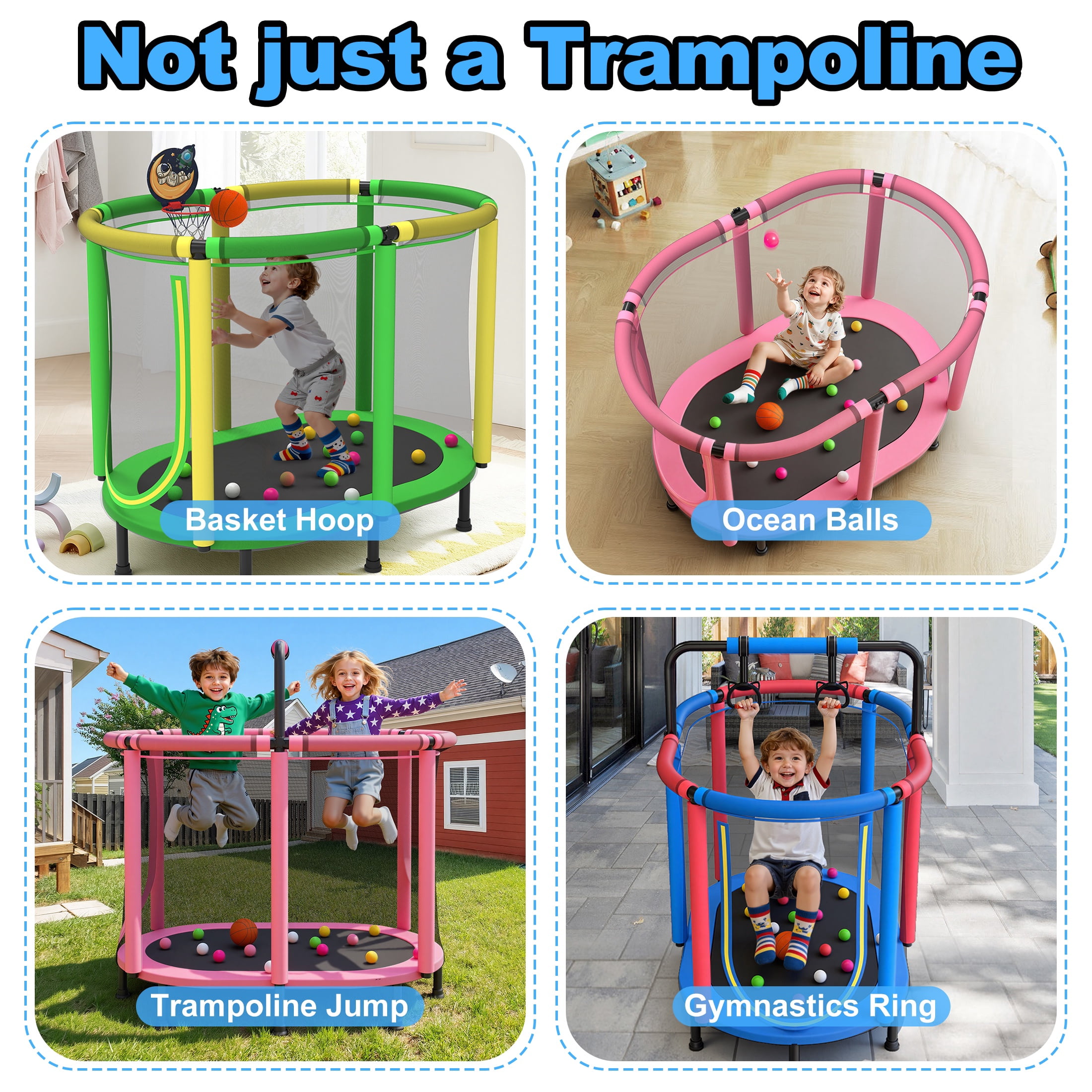 60" Toddler Trampoline with Enclosure Net, Kids Trampoline with Basketball Hoop, SHINPT Indoor Trampoline for Kids, Small Trampoline with Ocean Balls, Mini Trampoline with Rings, Gift for Boys Girls