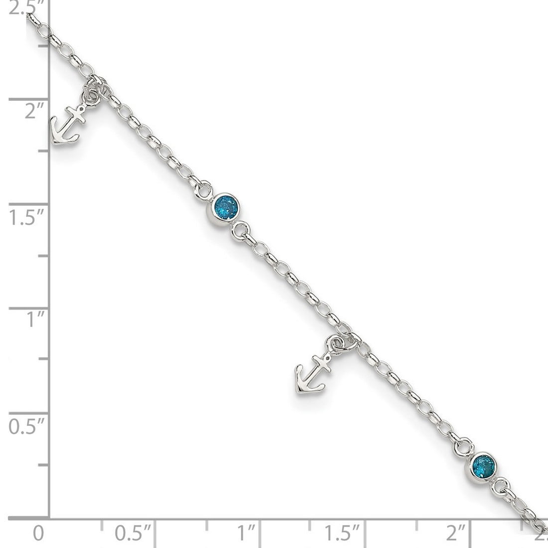 4.2mm 925 Sterling Silver Polished Blue Cubic Zirconia and Nautical Ship Mariner Anchors Plus 1in Extension Anklet 9 Inc