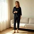 thumbnail image 4 of Women's Solid 2‑Piece Outfit Set, Round Neck 3/4 Sleeve Top & Cropped Ankle Pants, Casual Linen Look Loungewear for Everyday Street Wear，Travel Airport Outfits 2026,Black,2XL, 4 of 5