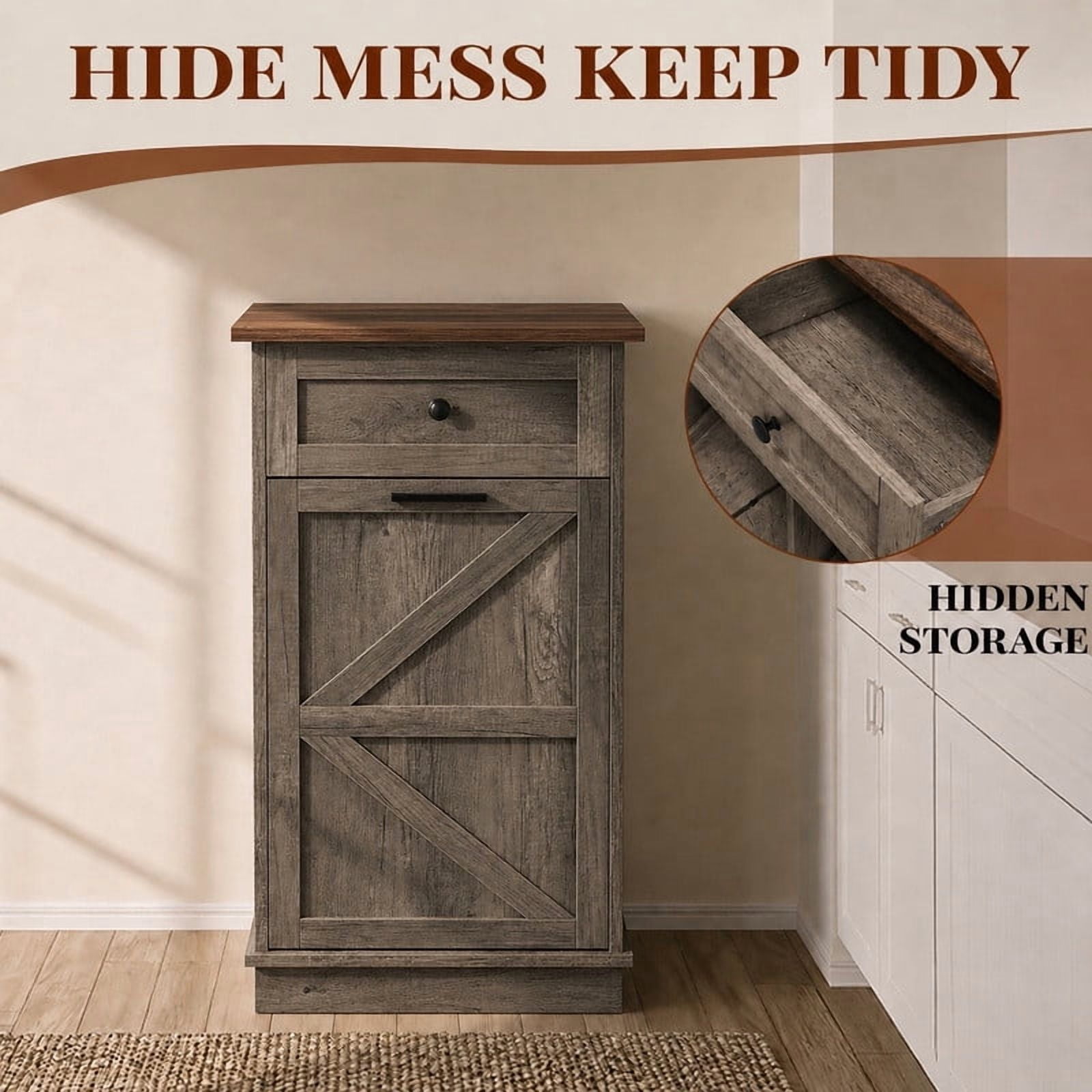 20''W Tilt Out Trash Can Storage Cabinet with A Drawer, Farmhouse Small Kitchen Island with 10-Gallon Trash Hidden Cabinet