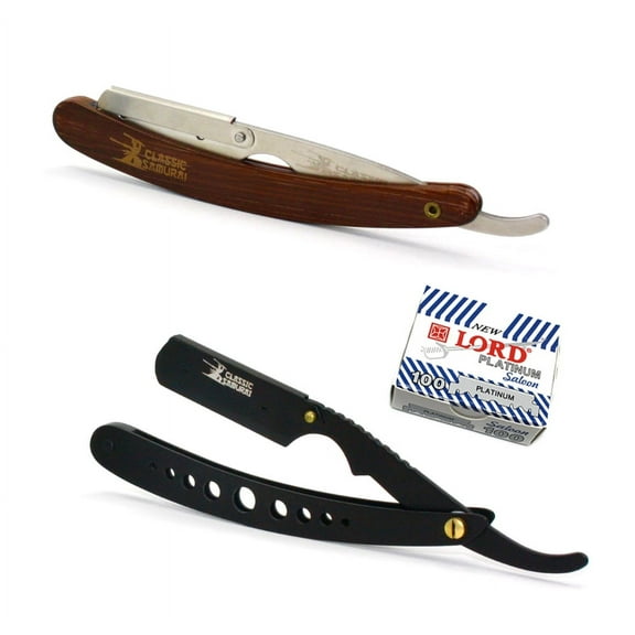 Classic Samurai CS-102 Matte Black Wholes   CS-101 Brown Professional Barber Straight Edge Shaving Razor 2 pcs for Men   100 Lord Platinum single edge Razor Blades