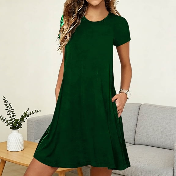 Wovilon Women's Crew Neck Short Sleeve T-Shirt Dress with Side Pockets, Relaxed Fit Solid Color Casual Midi Dress for Summer Vacation and Everyday Wear