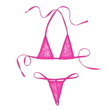 vastwit Womens Lace Bikini Swimsuit Sets Floral Halter Bra Top with Thongs See Through Swimwear Rose One Size