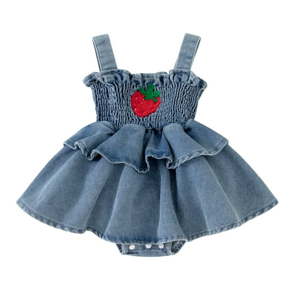 Baby Toddler Girls'strawberry Embroidery Denim Dress Sleeveless Summer Casual Dress Blue 6 Months-9 Months