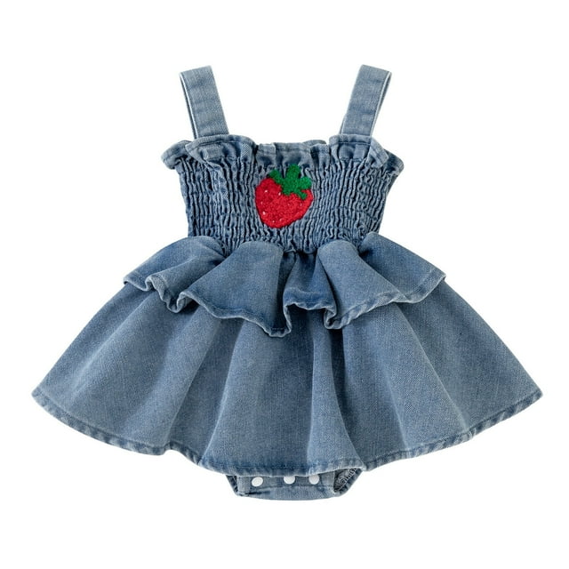 GPOECD Robe en Denim à Imprimé Fraises pour Bébés Filles Sans Manches Tenue d'Été Décontractée pour Tout-Petits Barboteuse d'Été pour Bébés Bleu-F,6-9 Mois
