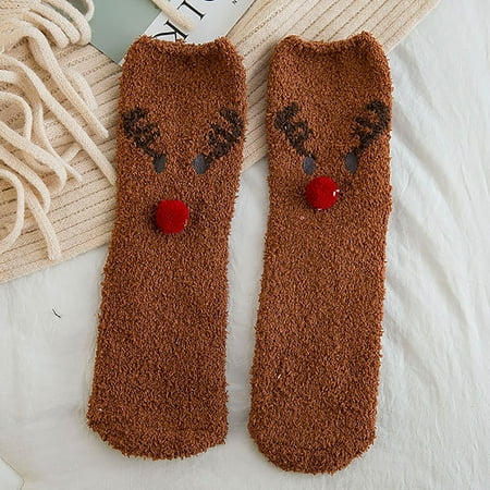 

Blueek Women Cartoon Christmas Socks Coral Velvet Embroidery Winter Female Sock