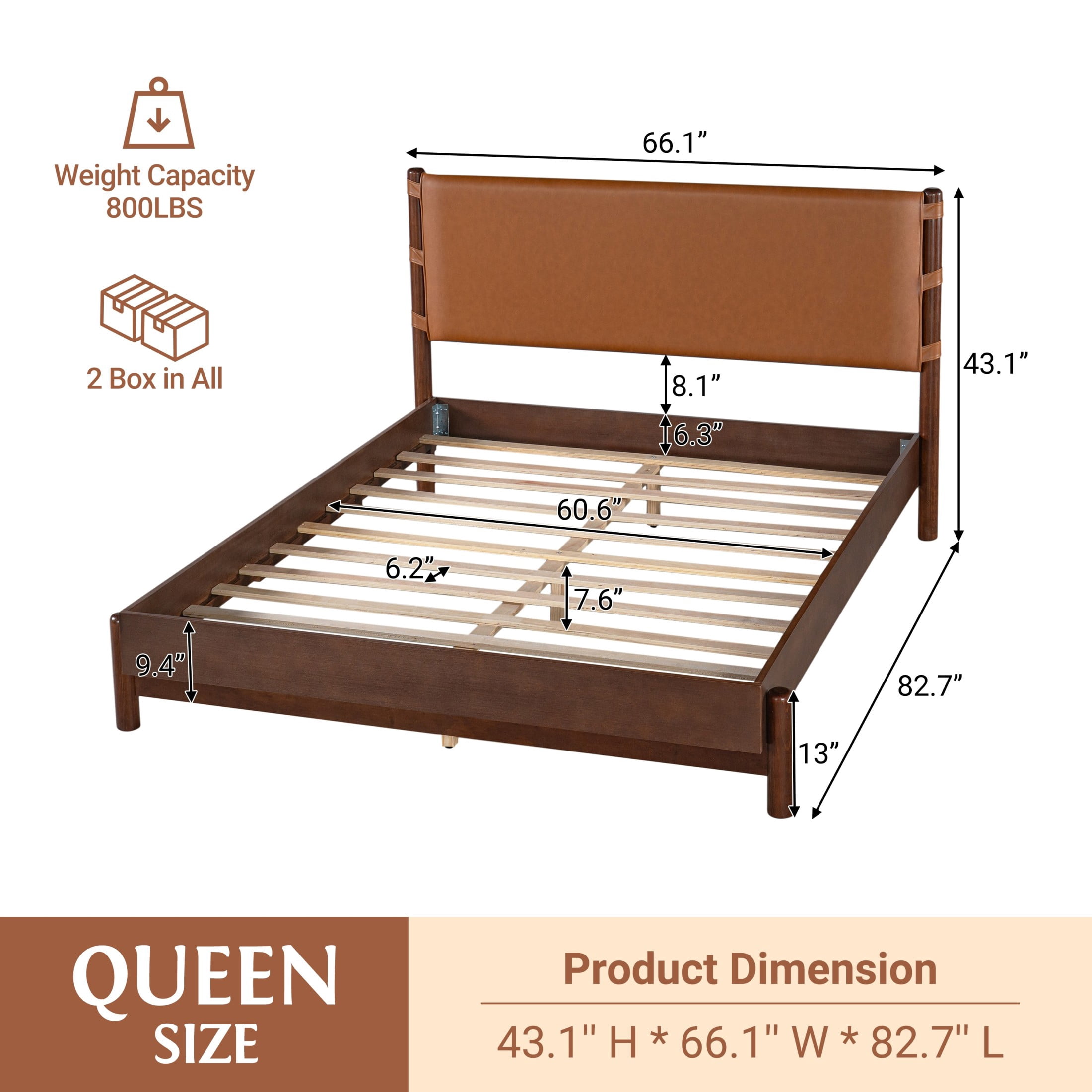 Christopher Knight Home Queen Modern Wood Platform Bed with PU Upholstered Headboard, Walnut+Brown