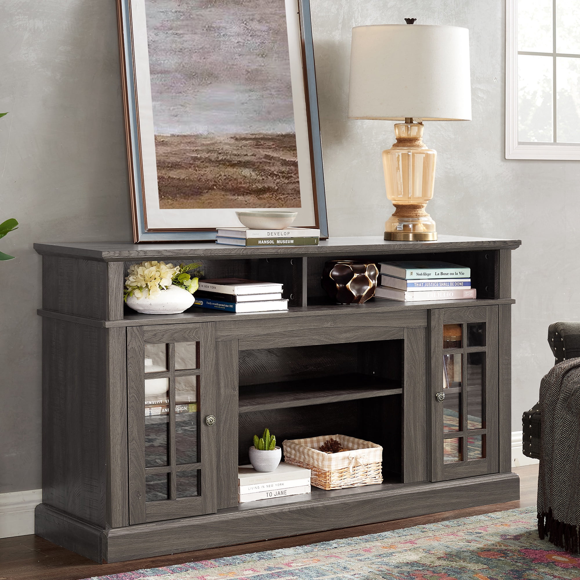 PAPROOS TV Stand for 65 Inch TV, Farmhouse Entertainment Center with 2 Doors & Adjustable Shelves, TV Console Table Media Console Cabinet for Living Room, Dark Gray
