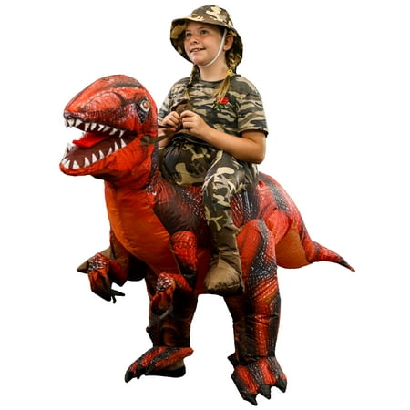 Halloween Haunters Inflatable Red Dinosaur Rider Costume Suit Child, Kid, Teen Size Reptile Blow Up with Inflation Fan