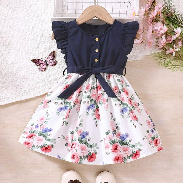 Vestido de princesa de verano para niñas pequeñas con cinturón de 1 a 6 años, estampado de flores, sin mangas, hasta la rodilla, vestido acampanado, vestido veraniego para niños, ropa 110 (4T) Gao Jinjia LED