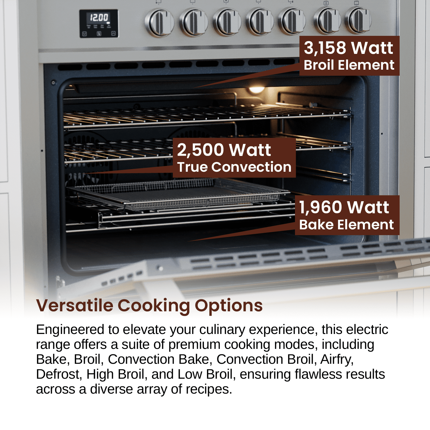 Rangaire RRE361TS 36" Electric Range Oven with Timer - Stainless Steel, Infrared Stove Burners, True Convection, Easy Reach Racks
