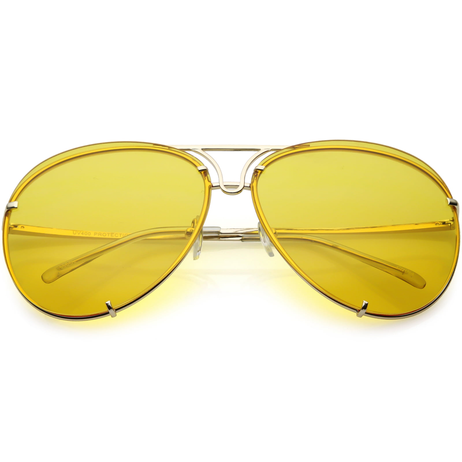 Oversize Rimless Aviator Sunglasses Unique Double Crossbar Color Tinted Lens 69mm Gold Yellow