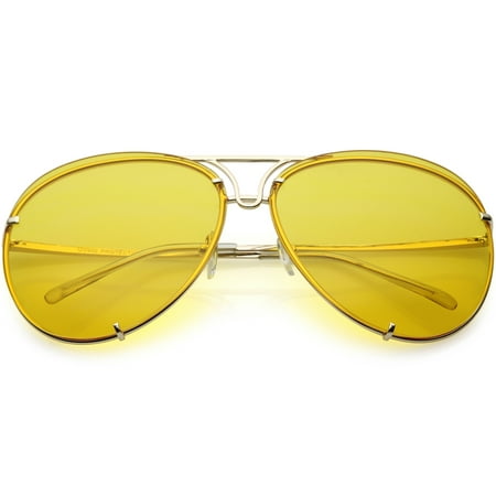 Oversize Rimless Aviator Sunglasses Unique Double Crossbar Color Tinted Lens 69mm (Gold / Yellow)