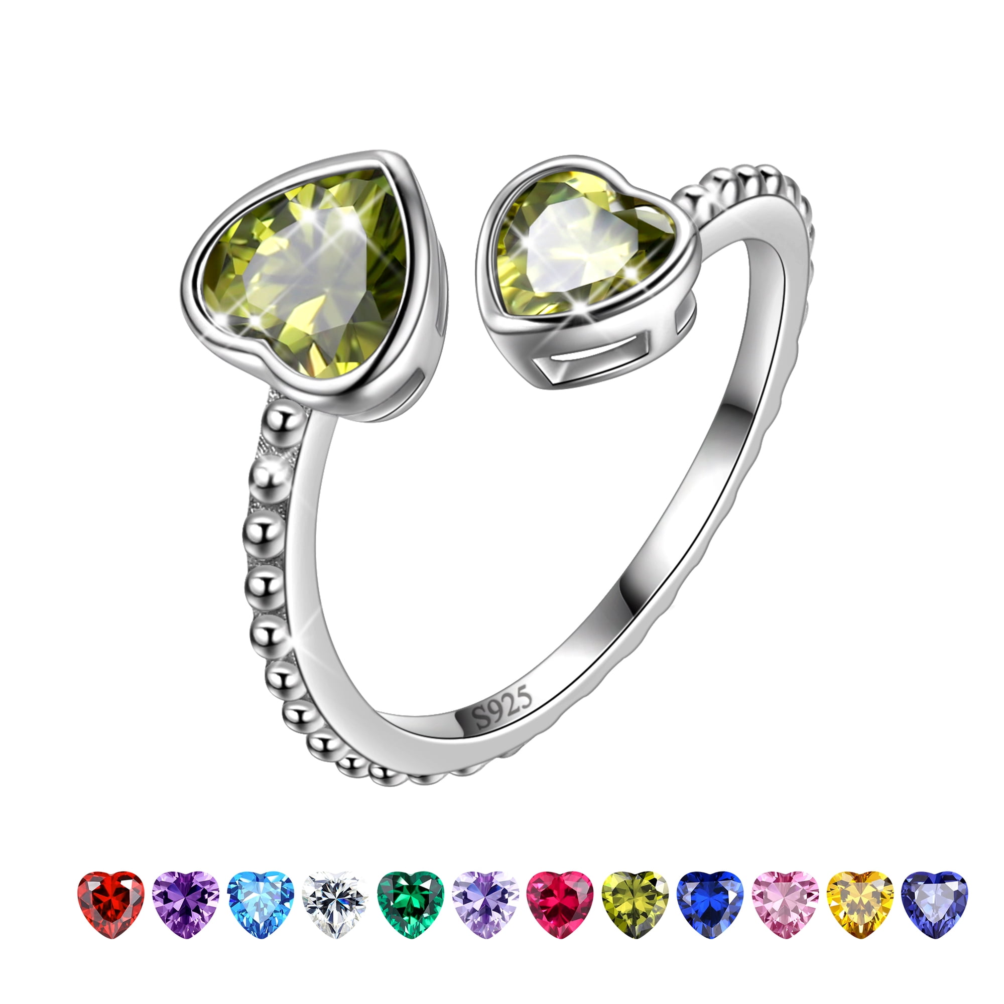 Juwaliy August Birthstone Ring Peridot 925 Sterling Silver Double Hearts Rings Green Zirconia Women Jewelry Birthday Mother's Day Gifts
