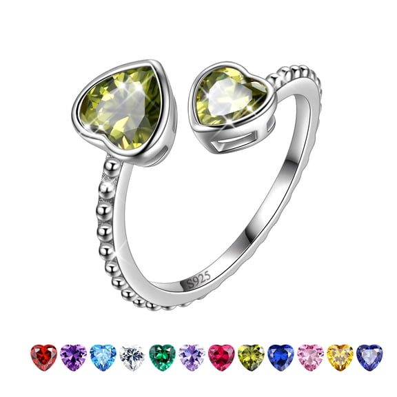 Juwaliy August Birthstone Ring Peridot 925 Sterling Silver Double Hearts Rings Green Zirconia Women Jewelry Birthday Mother's Day Gifts