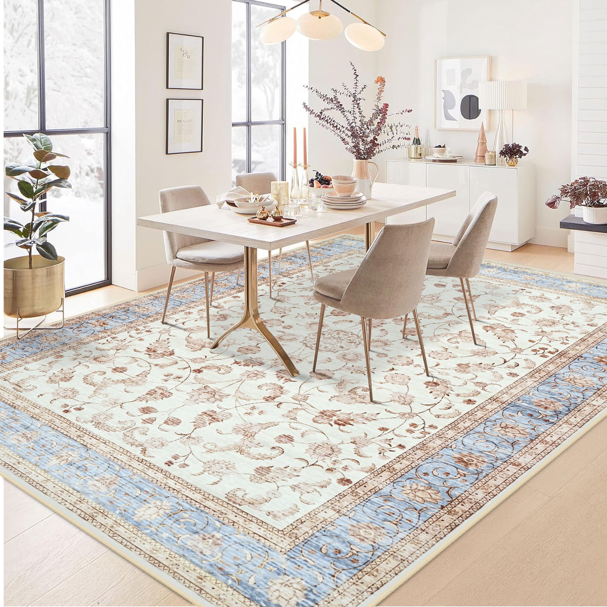 Wondo 4x6 Ft Beige Floral Area Rug - Machine Washable Low Pile Non-Slip Carpet, Boho Vintage Farmhouse Decor for Living Room, Bedroom, Nursery & Office