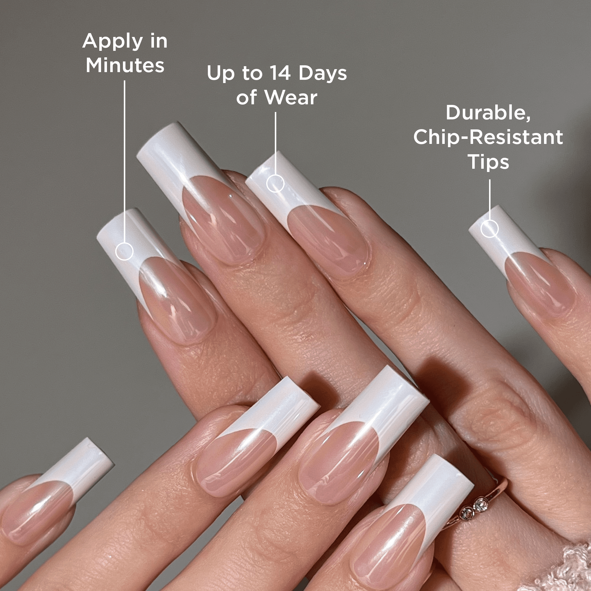 PaintLab Long Square Press On Nails, French Chrome, White French Tip, 30 Count